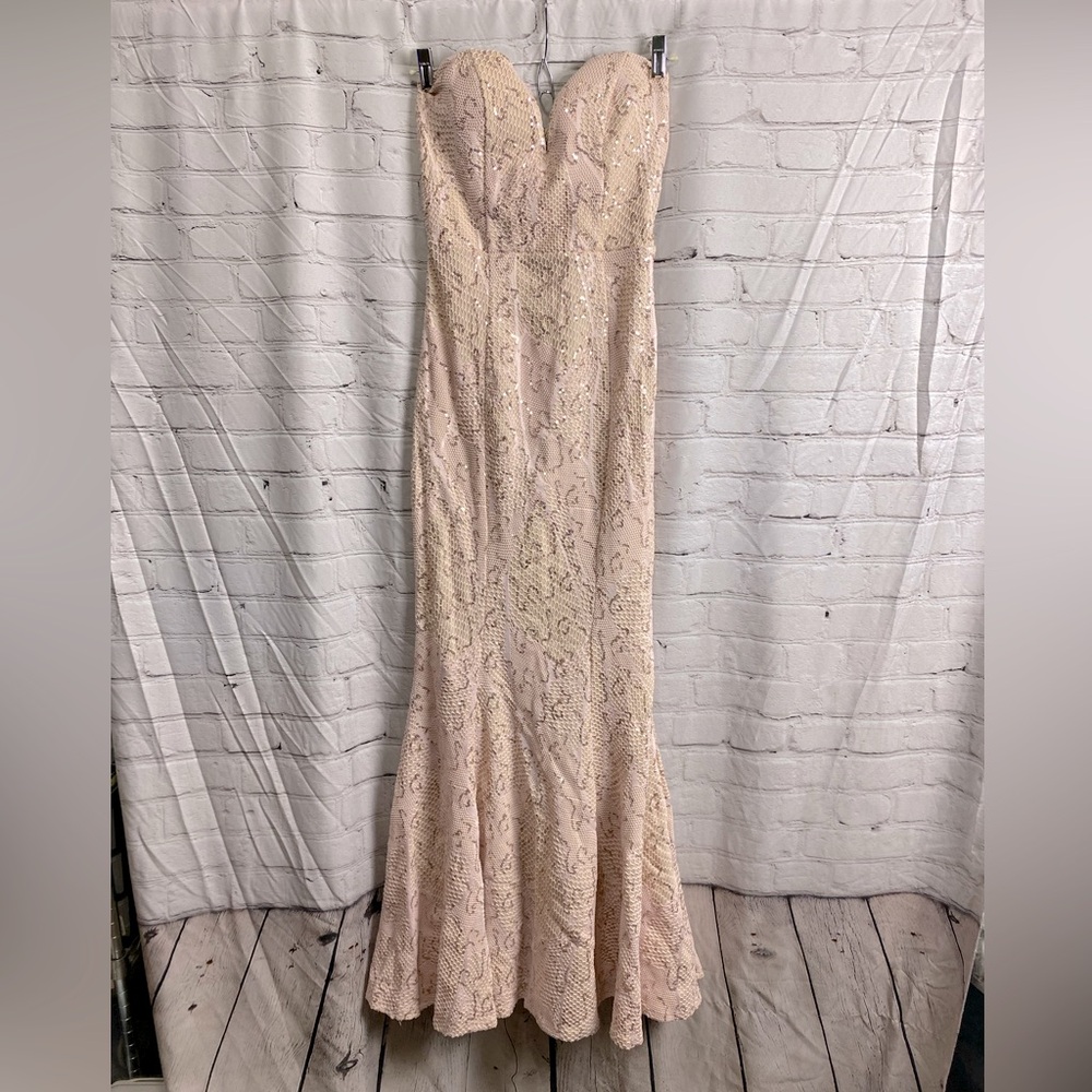 Bailey Blue Strapless, Mermaid Dress, lace layover sequined. Size Small